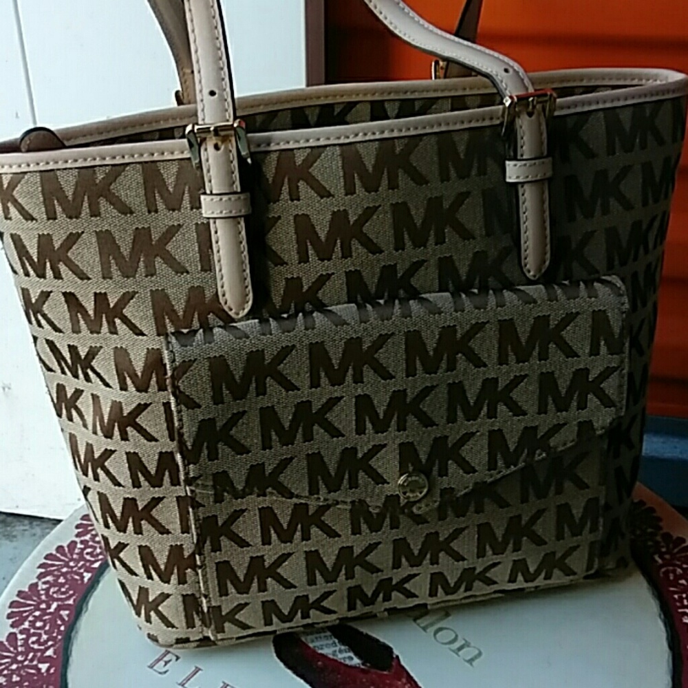 Michael Kors Brown and Beige MK Logo Shoulder Bag